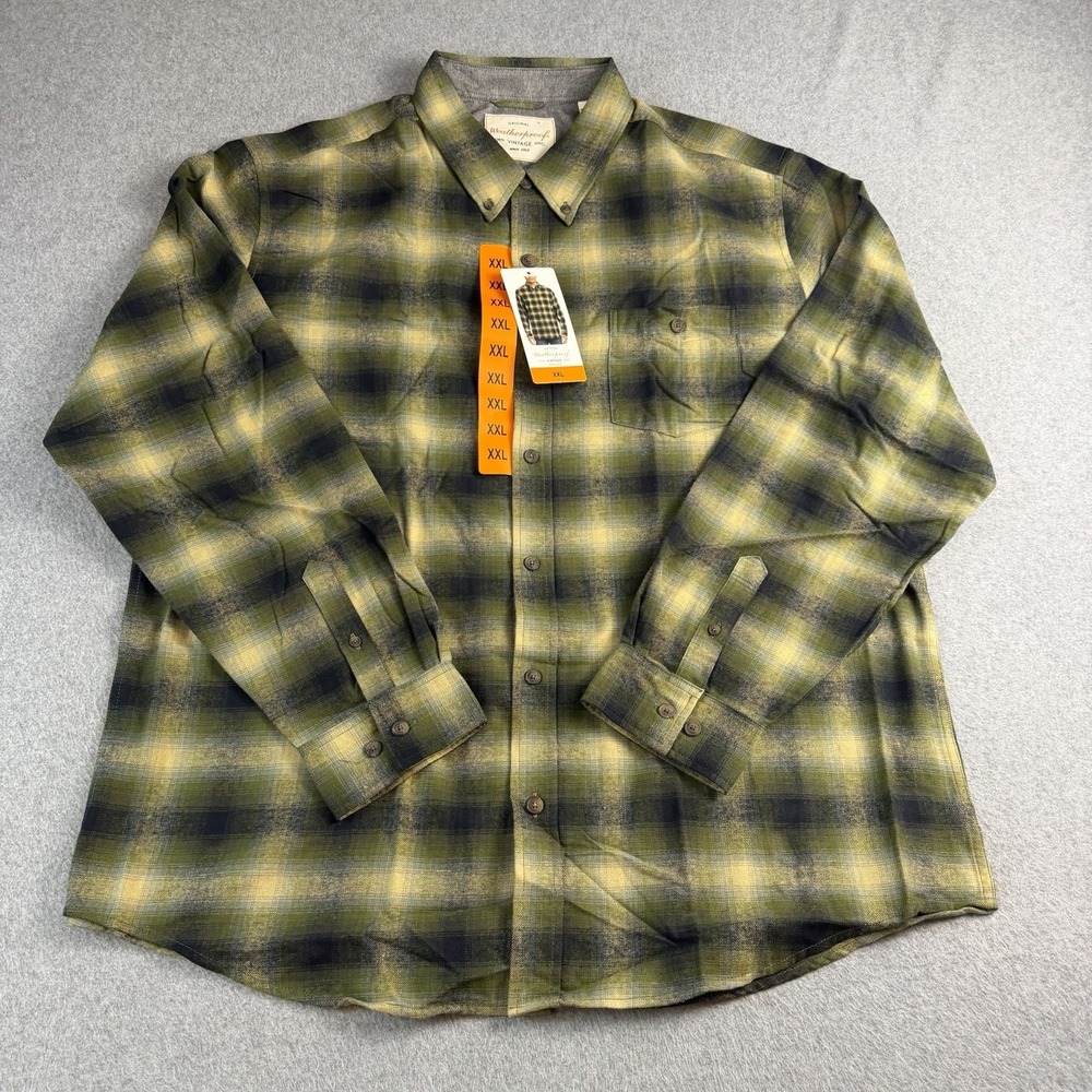 Weatherproof Vintage Mens XXL Yellow Black Plaid Flannel Button Down Shirt NWT